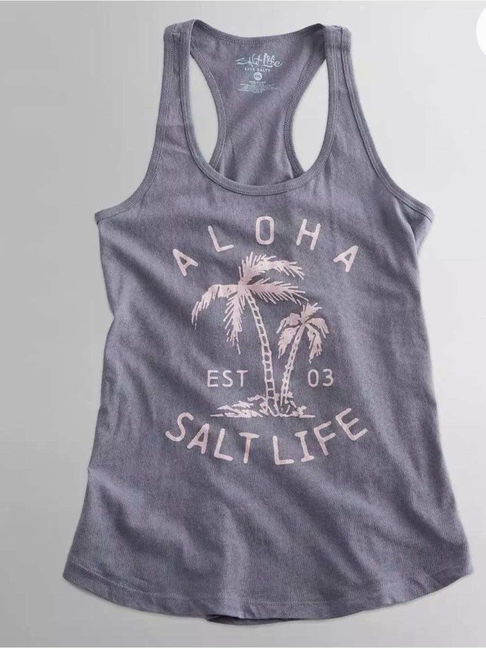 🆕 Salt Life Women’s Frost Gray ‘Aloha’ Tank Top with Palm Tree Graphic
